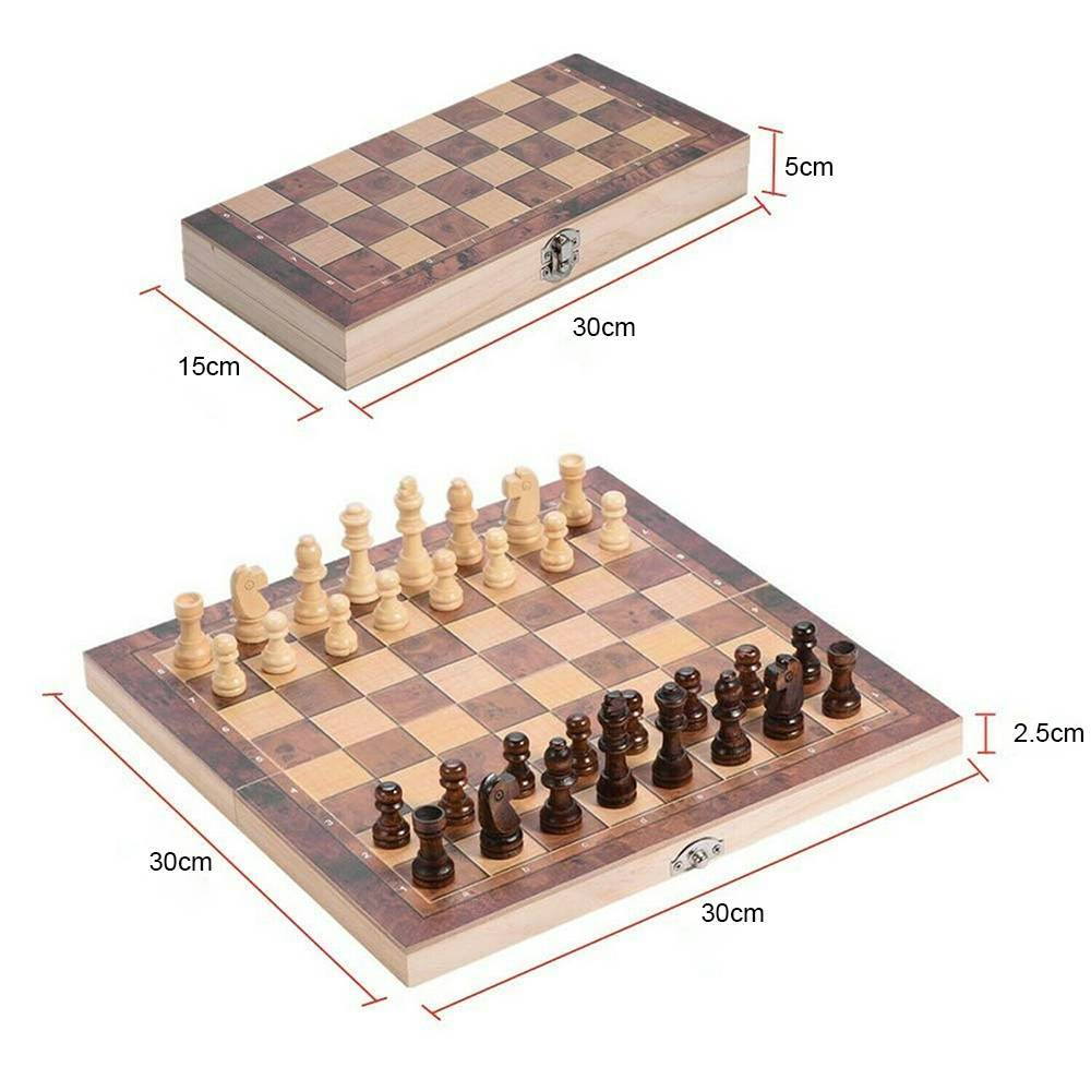 3in1 Large FOLDING WOODEN CHESS SET Board Game Checkers Backgammon Toy