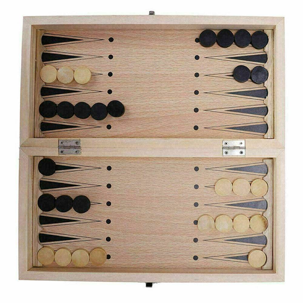 3in1 Large FOLDING WOODEN CHESS SET Board Game Checkers Backgammon Toy