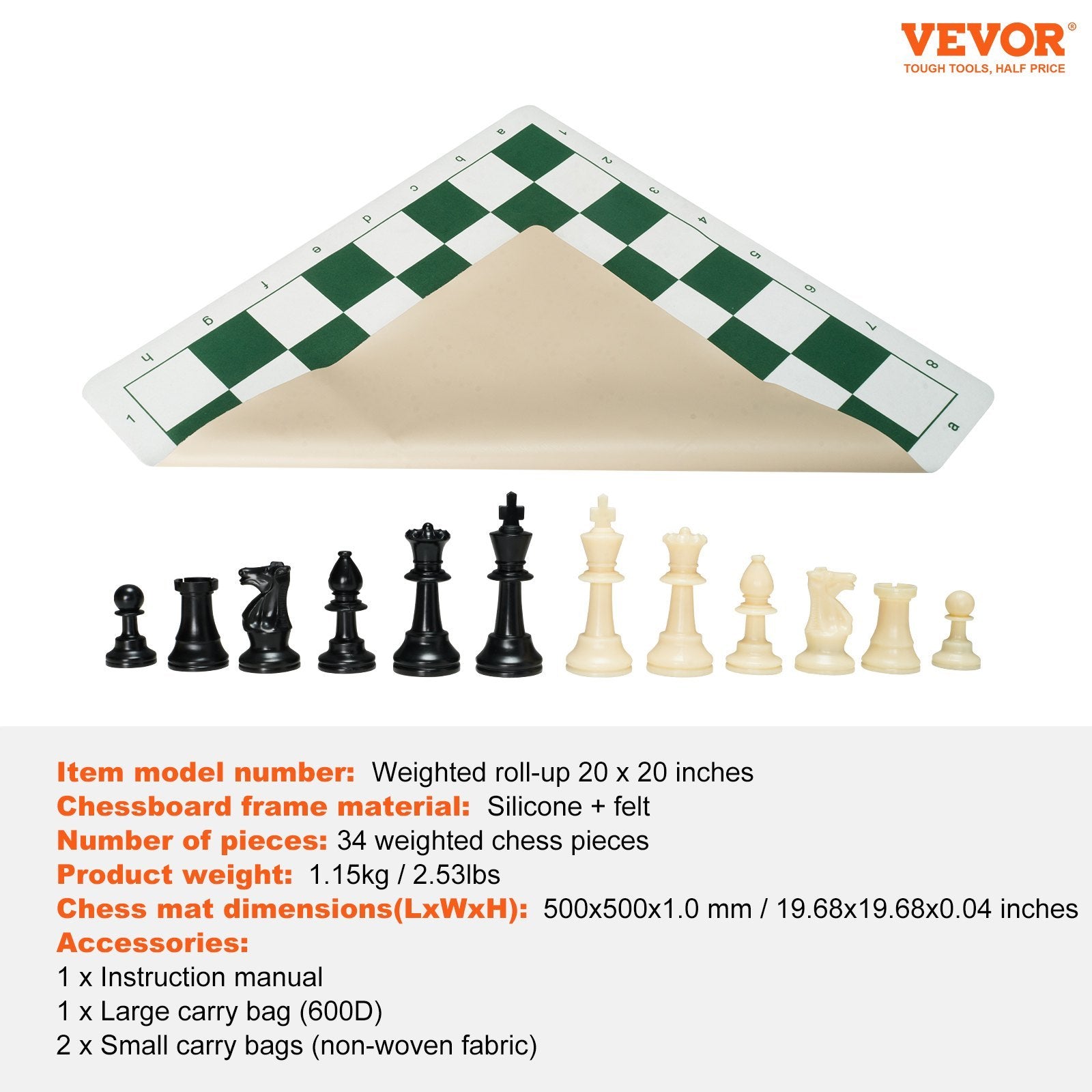 VEVOR Tournament Chess Set, 20 Inch Roll-Up Beginner Chess Board, Foldable Silicone Chess Game With Plastic Weighted Chess Pieces & Storage Bag, Portable Travel Chess Board Gift