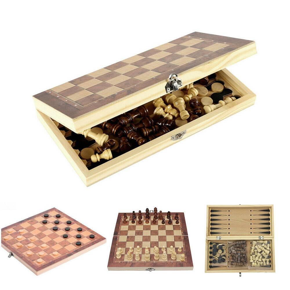3in1 Large FOLDING WOODEN CHESS SET Board Game Checkers Backgammon Toy