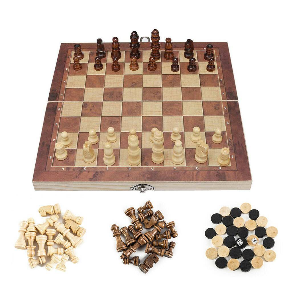3in1 Large FOLDING WOODEN CHESS SET Board Game Checkers Backgammon Toy