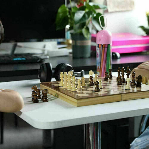 3in1 Large FOLDING WOODEN CHESS SET Board Game Checkers Backgammon Toy